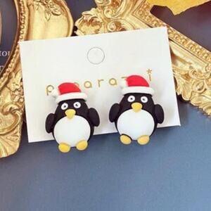 Christmas season festive holiday penguin Santa hat earrings black white and red